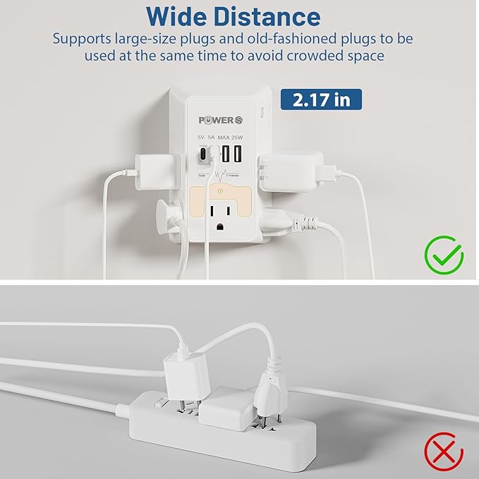 Multi Plug Wall Outlet with USB Ports(2C2A), Snug Wall Outlet with Night Light, Surge Protector, Wall Plug Adapter for Multiple Devices, Wall Socket Expander