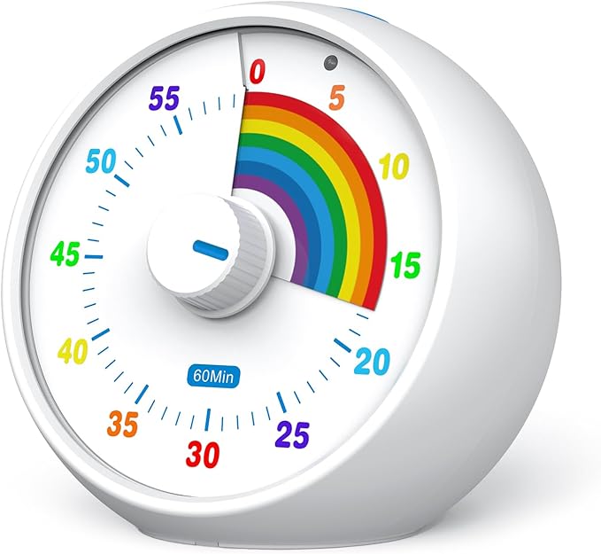 Visual Timer for Kids, 60-Minute Countdown for Classroom Office Kitchen, Desk Timer Kids Time Management Tools with Silent Operation, Pomodoro Timer Rainbow Pattern(White)