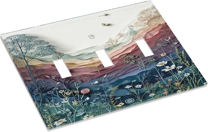 Bvtewkhz Wildflowers Rustic Flowers Floral Plants 3 Gang Triple Toggle Wall Plate Cover Vintage Mountain Decorative Light Switch Covers Electrical Faceplate Switch Plates for Bathroom Kitchen Home