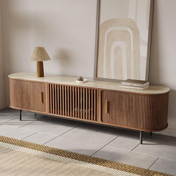 POVISON Fully-Assembled Sliding Tambour Door TV Stand, Mid Century Modern Sintered Stone TV Console, Wood Media Console for 75 Inch TV, Entertainment Center with Storage Cabinet (Walnut, 78.74")