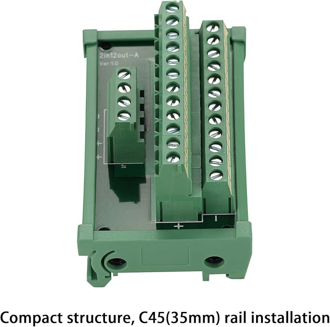 ANMBEST 2 in 12 Out Terminal Blocks Module, 25A DIN Rail and Panel Mounting Power Distribution Breakout Board for PLC Servo Power Amplifier