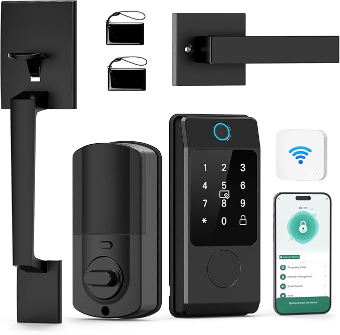 Miuedo WiFi Front Door Lock Sets with Handle, Fingerprint Keyless Entry and Smart Keypad with Lever Handles, Electronic Screen+WiFi Gateway, APP Control, Auto-Lock, Voice Control