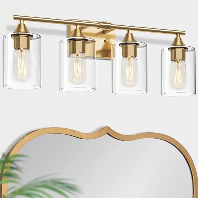 XPEHK Brushed Gold Vanity Light,4 Light Gold Bathroom Light Fixtures,Bathroom Lights Over Mirror with Clear Glass Shade,Modern Wall Lighting for Mirror Bedroom Vanity Hallway