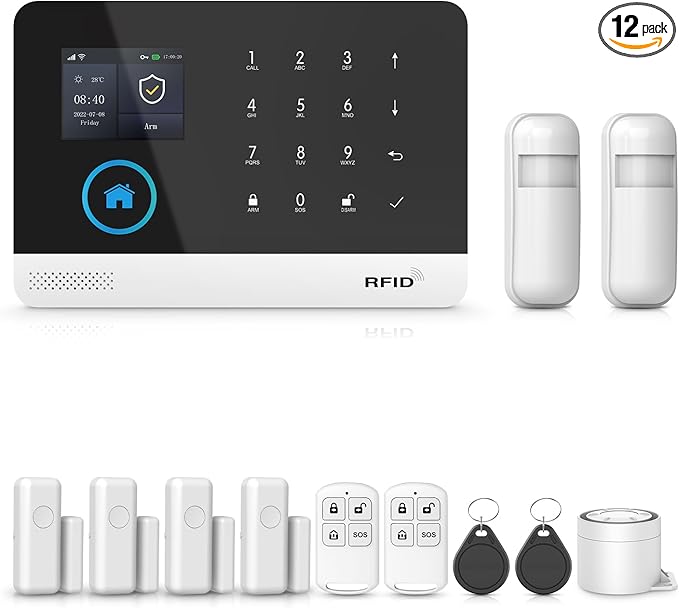 PGST 12 PCS Home Security Systems with LCD Touch Screen,Wireless GSM 4G Burglar Door Open Alarm Systems,120dB Loud Siren,Phone App Control for Villa,Apartment,Home Pets,Kids Safety