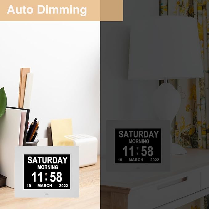 LaMi Products 8 Inch Dementia Clock for Seniors - Extra Large Display Digital Day & Date Clock with 5 Alarms + 3 Medication Reminders, Auto-Dimmable - White Wall Clock for Elderly Bedroom