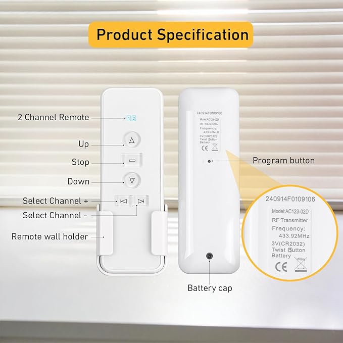 AC123-02 2 Channel Controller, RF433.92 Transmitter, Motorized Roller Shade Accessories for Motorized Blinds & Shades - White