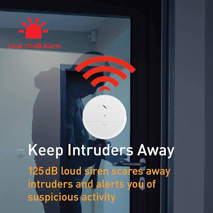 EverNary Window Vibration Alarm,6Pack 125dB Loud Ultra-Slim Anti-Theft Alarm for Door and Window Glass Break Sensor Alert with Adjustable Sensitivity (6, White)