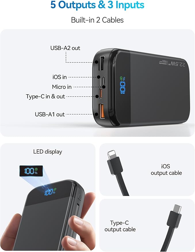 LENGSUM Portable Charger Power Bank Built-in Cables, 32000mAh 22.5W USB C Fast Charging, 5 Outputs 3 Inputs Travel Essentials Battery Pack Compatible with iPhone, iPad, Samsung, Google Pixel, Black