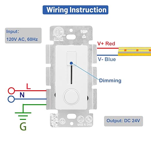 Dimmer Switch and LED Driver Single Integrated Unit, 120V AC to 24V DC, 60Watt Wall Dimmer Switch, Driver and dimmer Switch 2 in 1, for Most Single Color 24V LED Strip Light, 1 Pack