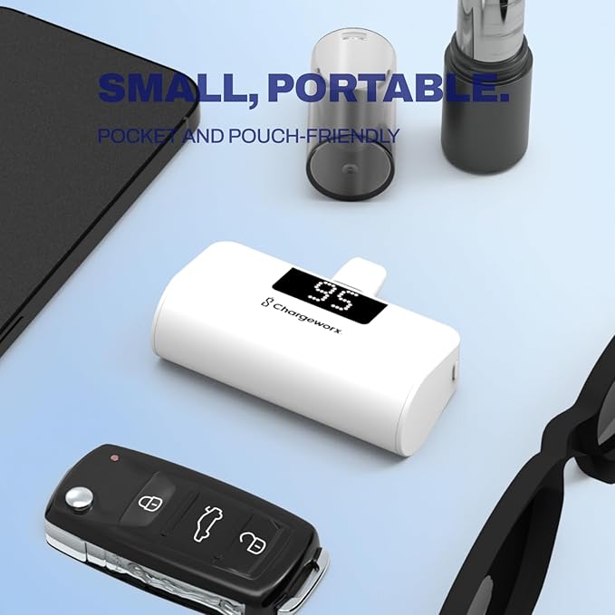 CHARGEWORX Mini Portable Charger Power Bank with Built-in Lightning Output, 5,000 mAh Power Bank with Fast-Charge Dual Output, Pass-Through Charging, LCD Display, Compact Design, White