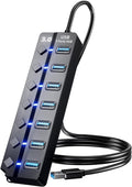 USB 3.0 Hub, PANPEO 7-Port USB Data Hub Splitter with 3ft Long Cable USB Extension for Laptop,PC Computer,Surface Pro, PS4/5, Flash Drive, Mobile HDD - with LED Individual On/Off