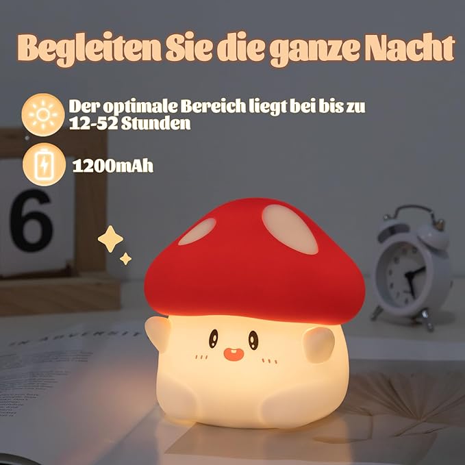 Rytinazzz Hug Mushroom Night Light, 50-Hour Battery & Pat Control, Squishy Lamp for Kids Bedroom, Girls, USB Rechargeable with Timer, Valentines Gifts