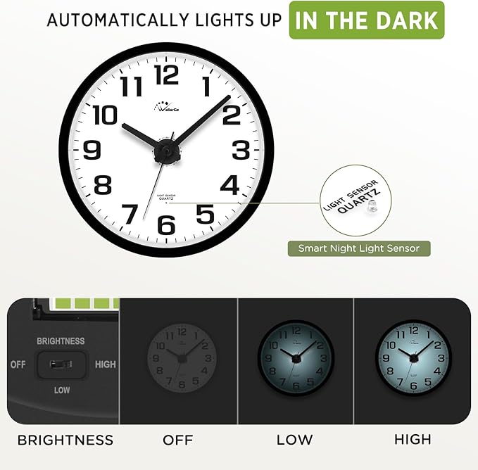 WallarGe Night Light Wall Clock for Bedroom - Silent Lighted up Wall Clock Glow in The Dark, Battery Operated for Living Room/Kitchen, Easy to Read Large Digital Display, 12 Inch