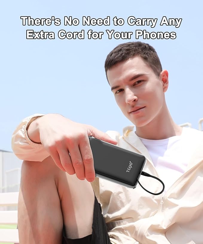 TG90° 2 Pack 10000mAh Slim Portable Charger with Built in Cables,Power Bank Travel Charger Cell Phone External Battery Pack,4 Output External Battery Pack Compatible with iPhone Android Phone