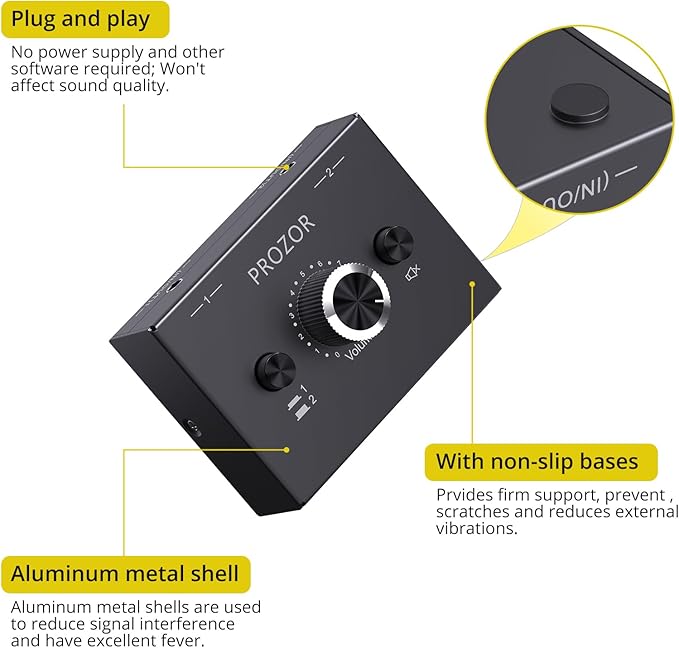 PROZOR 3.5mm Audio Bi-Directional Switcher - 2(1)-in-1(2)-Out 3.5mm Stereo Audio Switch Splitter 2 x 1/1 x 2, with Mute Button and No External Power Required