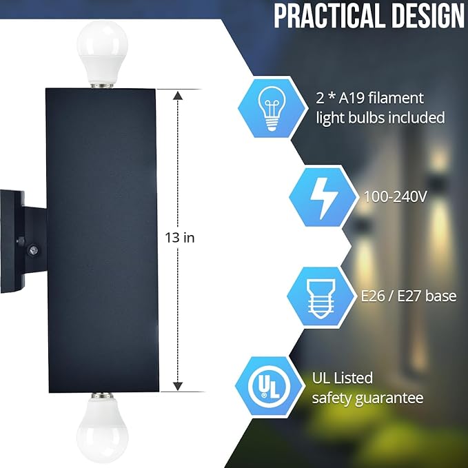 wowlite Outdoor Wall Light with Dusk to Dawn Sensor, 2700K Warm Light LED Up Down Sconce, Waterproof 13" Modern Square Matte Black Exterior Light Fixture Wall Mount for Porch Patio Garage, ETL Listed