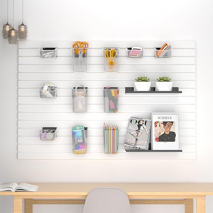 Daanxw 12 Packs Slatwall Accessories,Includes 6 Packs of Slatwall Boxes and 6 Packs of Slatwall Cups,Slatwall Containers Storage Organizer for Craft Garage Tool Storage Room Panel (Transparent)
