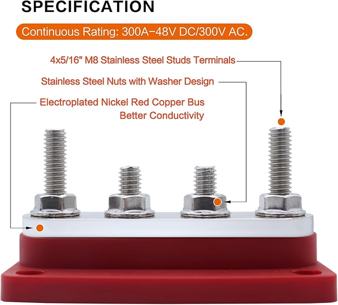 AMOMD 300A PowerBars 4 Terminal Studs (5/16 inch) M8 Nickel Plated Copper Distribution Block Electrical Negative Bus Bars Ground Block with Cover for Trailer Marine Boat Car RV (Red)