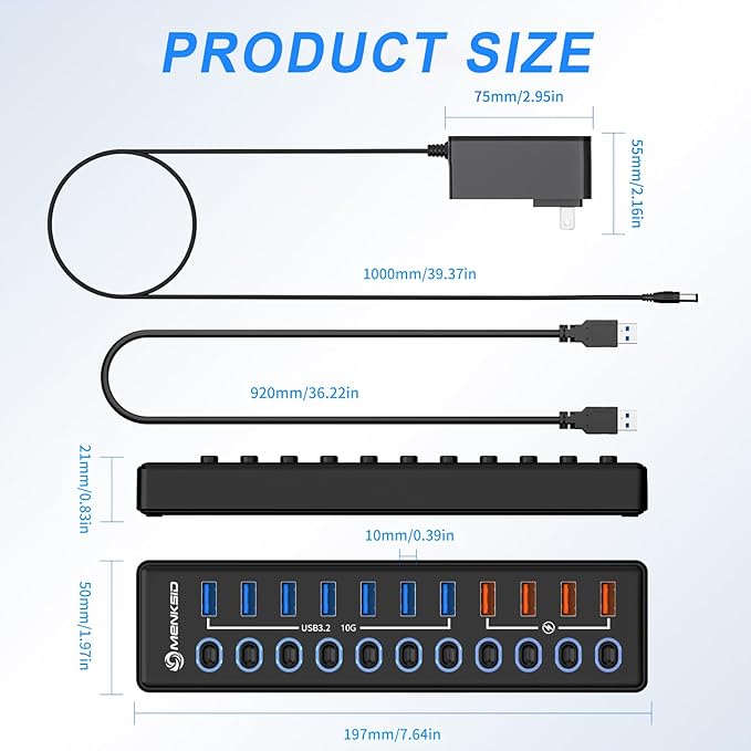 Powered USB Hub, MENKSID 11-Port USB Hub, 7 USB 3.2 Data Transfer Ports + 4 Smart Charging Ports, Independent Switch (with LED Power Indicator), USB 3.2 Hub Powered with Power Adapter for Mac, PC