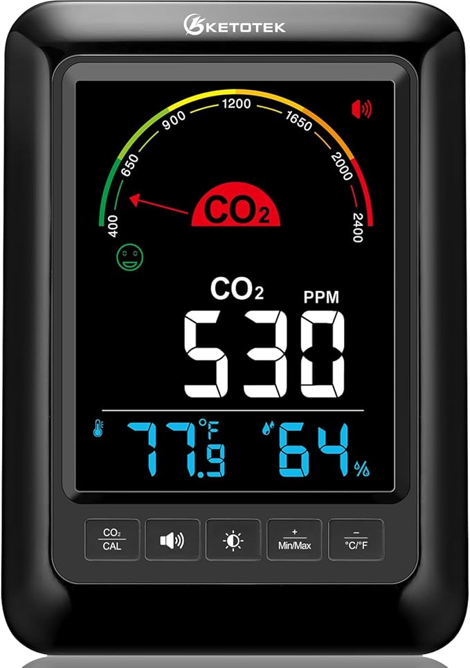 KETOTEK CO2 Monitor Indoor Air Quality Meter with CO2 Alarm, Temperature, Humidity Display, Portable Carbon Dioxide Detector for Home, Car, Office or School