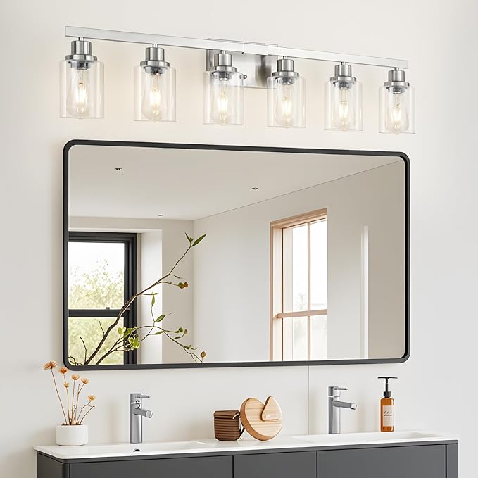 DIKAIDA Bathroom Vanity Light, 6-Light Nickel Modern Matte Wall Sconce Lighting with Clear Glass Shade, Wall Lights,Bath Vintage Wall Mounted Lamps for Mirror Bedroom Living Room