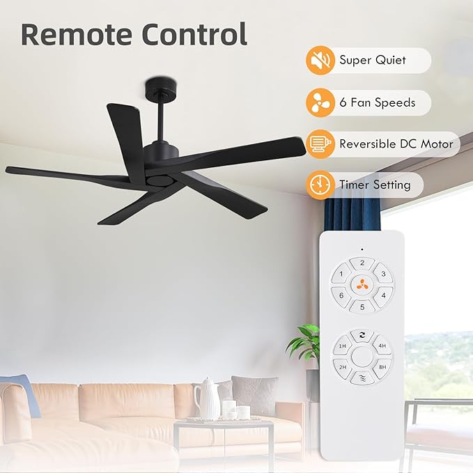 WINGBO 64" ABS DC Ceiling Fan No Light, 5 Blade ABS Plastic Ceiling Fan with Remote, 6-Speed Reversible DC Motor, Ceiling Fans without Light for Kitchen Bedroom Living Room, Matte Black