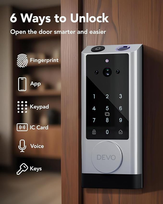 Devo G1 Video Smart Lock with Camera&Doorbell, 6-in-1 Keyless Entry Door Lock Deadbolt with Handle Set, App Remote, Fingerprint ID, Auto Locks, Built-in Wi-Fi Smart Deadbolt for Front Door