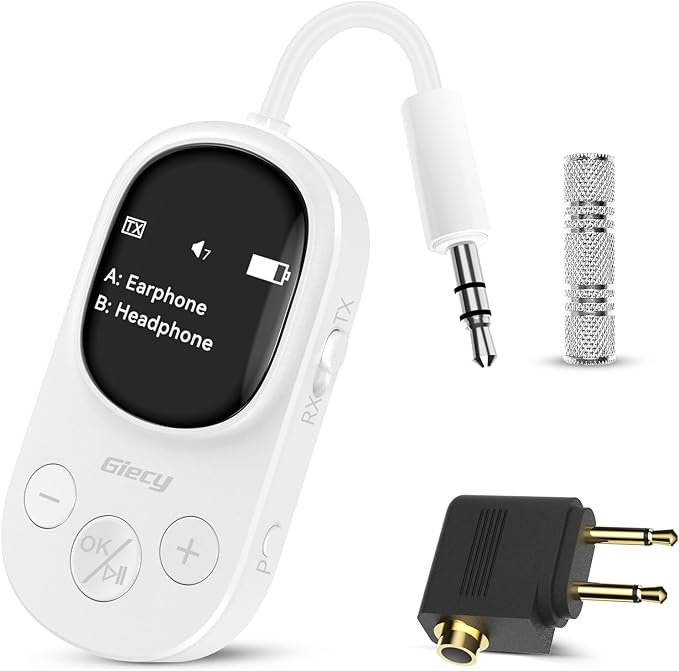 Giecy Airplane Bluetooth 5.3 Transmitter Receiver Adapter, Supports 2 AirPods or Headphones with aptX Low Latency, 3.5mm AUX Jack Wireless Audio Transmitter for Planes, Airline, Travel, TV (White)