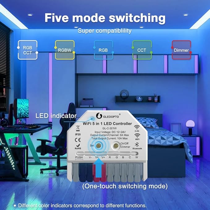 GLEDOPTO WiFi+Bluetooth 5 Modes in 1 Mini LED Strip Controller DC12-24V RGBCCT RGBW RGB CCT WWCW Dimmer Work with Tuya Smart Life App Voice Control for PWM Dimming LED Strip Light