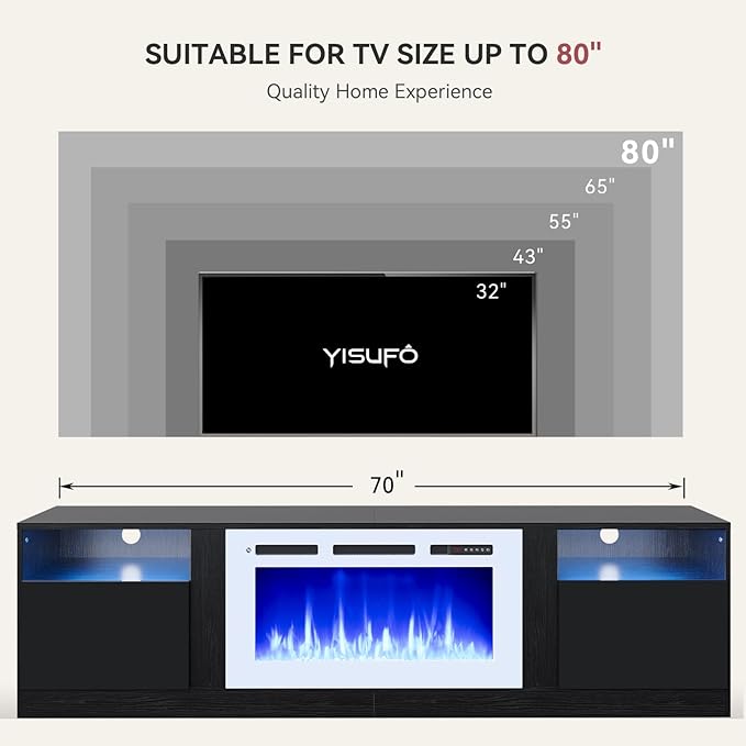 YISUFO 70" TV Stand with 36" Electric Fireplace, Large Modern Media Entertainment Center with Storage Cabinet and 12 Colors LED Lights for TVs Up to 80",Black & White