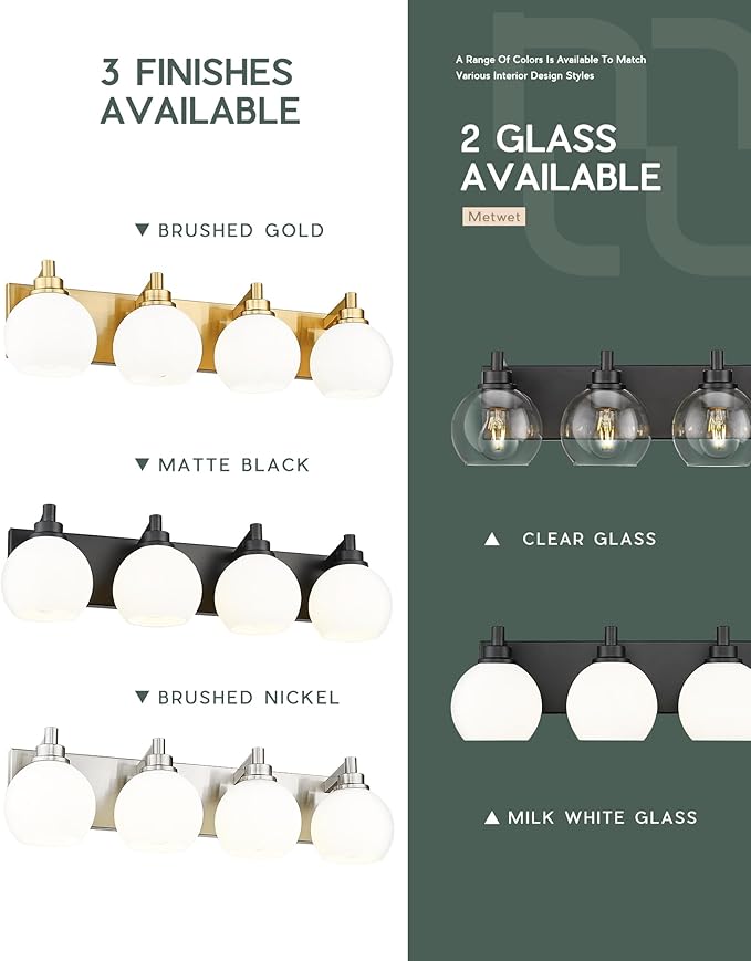 METWET Bathroom Light Fixtures, 4 Light Matte Black Vanity Light, 26 Inch Modern Wall Sconces with Globe Milk White Glass Shade, Vanity Lighting Fixtures Over Mirror, VL195-MB-ML-4