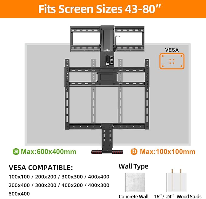 Pull Down TV Mount for Fireplace, Height Adjustable for Most 43-80 Inch TVs, Max VESA 600x400mm up to 80lbs, Full Motion Articulating Above Mantle Installation