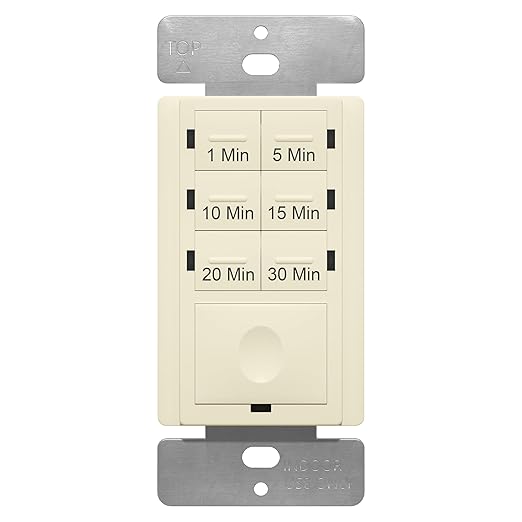 ENERLITES 30-Minute Countdown Timer Switch, 1-5-10-15-20-30 Min, for Bathroom Fans, Heaters, Lights, LED Indicator, 120VAC 800W, No Neutral Wire Required, UL Listed, HET06A-J-LA, Light Almond