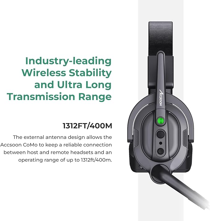 Accsoon Como MIC02-R Wireless Headset Intercom System - Full Duplex 1312ft Team Communication, 9-Person Group Talk, 10+ Hour Battery Life, Black