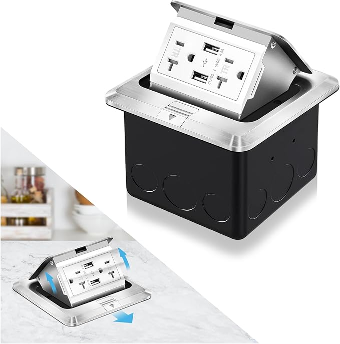Vagueior Recessed Floor Electrical Outlet Kit,Waterproof Electrical Outlet Covcer Box,Hidden 4.8A USB+20A Tamper-Resistant Receptacle Outlet with Slow Elastic Damping ，ETL Certified,Silver (1 Pack)