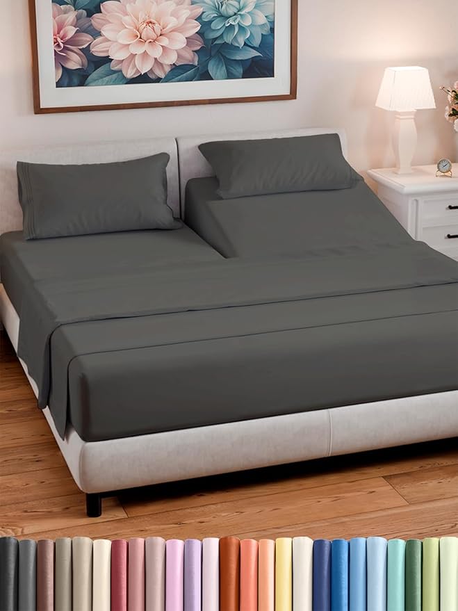 Split Head King Sheet Set – 4 Piece Flex Split Top King Sheets for Adjustable Beds - Fits 14” to 16" Mattress w/ Deep Pockets - Soft, Breathable & Cooling - Luxury Bedding and Wrinkle Free - Charcoal