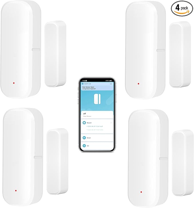 WiFi Door Sensor: Wireless Window Sensor with App Alerts, Tuya Smart Contact Sensor for Home Security and Smart Home Automation, No Hub Required, Compatible with Alexa Google Assistant(4-Pack)
