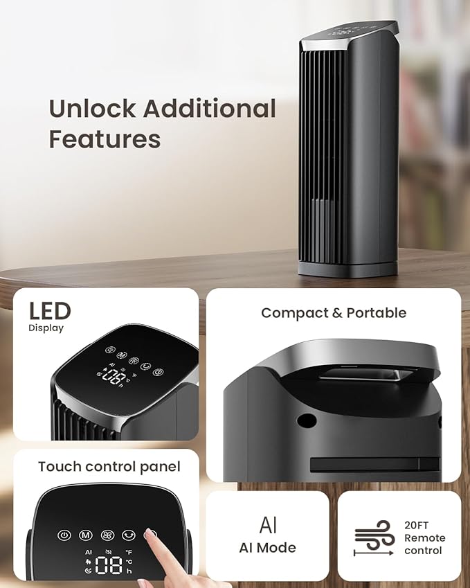 PNTCK Fan for Bedroom, 13" Tower Fan with Remote, 4 Modes 4 Speeds Max 24ft/s, 70° Oscillating Desk Fan, 12H Timer Portable Fans, Cooling Fans for Office, Home