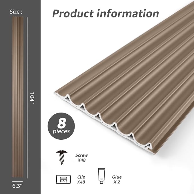 Art3dwallpanels Slat Wall Paneling, 104'' x 6.3'' Glossy Metal Finish WPC Soundproof 3D Wall Panels for Interior Wall Decor, 8 Pack Wavy Grain Panel Wall Slats, Brushed Brown