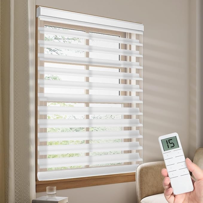 Tokblind Motorized Sheer Shade with Remote Control, Light Filtering Electric Roller Blinds Compatible with Alexa via Hub, Rechargeable Smart Window Shade Custom Size (Light Filtering White)