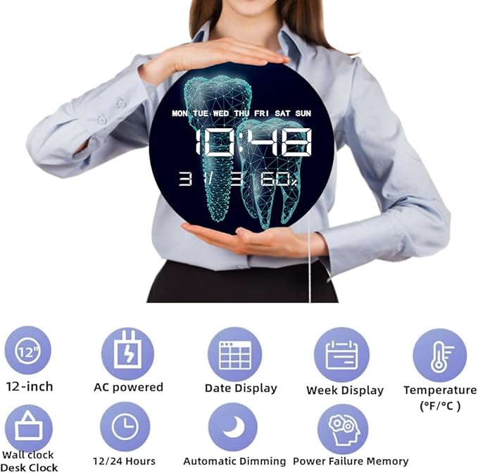 Timethink 12'' Molar Tooth Digital Wall Clock Large Display, Dental Clinic Electric Wall Clock Medical Dentist Clock with Temperature, Automatic Dimming, Date, 12/24hr Format for Dental Office Decor