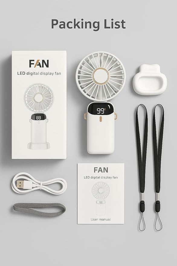 AMPMG LED Digital Display Rechargeable Fan – Portable Handheld & Desk Fan with Adjustable Speeds, USB Charging, Quiet Operation, and Base Stand for Home, Office, Travel and Outdoor Use (White)