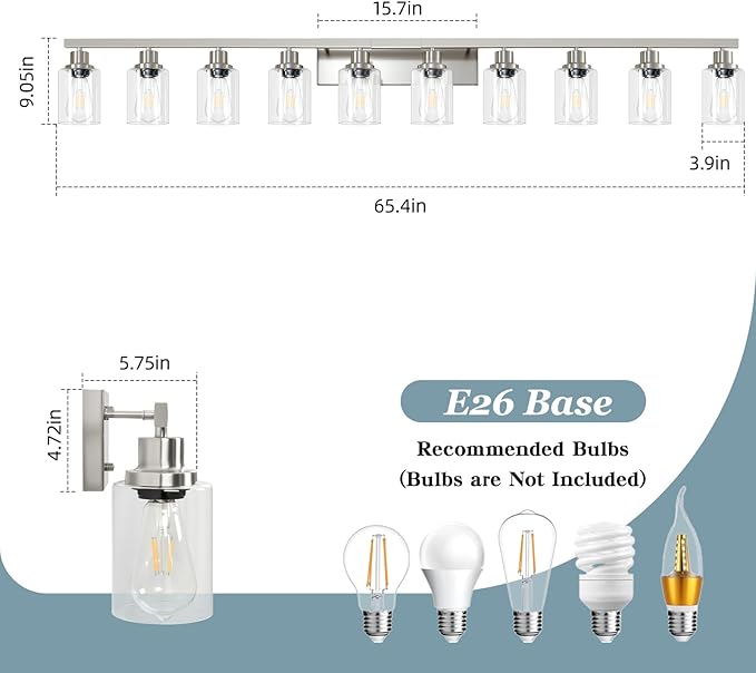 DIKAIDA Brushed Nickel Bathroom Vanity Light,10-Light Vanity Lights with Clear Glass,64.5in Modern Bathroom Wall Lights Fixtures Over Mirror,Wall Sconces Lighting for Bedroom Living Room,E26