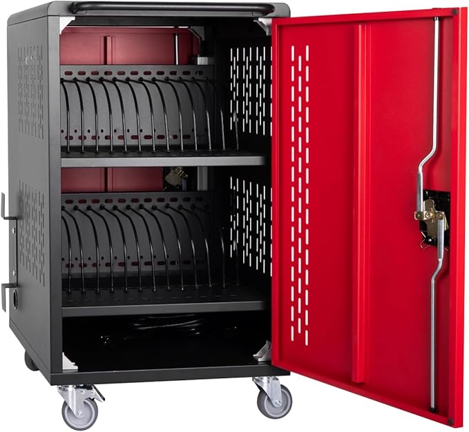 VOOTOLOVER 32 Bay Mobile School Charging Cart Station, Black Cart for Chromebook/Tablet/Laptop, with Power Strip, Lockable Doors, 2 Locking Casters & Ventilated Panels, 20" W×20" D×34.06" H