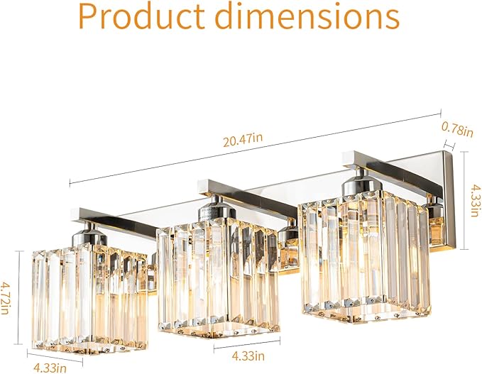 FDPBY Modern Bathroom Vanity Light 3-Lights Chrome Crystal Bathroom Wall Light Vanity Light Fixtures，20.47-inch Modern Minimalist Design