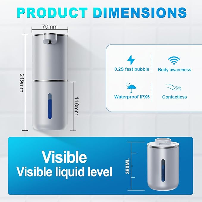 Amyzavls Automatic Liquid Soap Dispenser,380ml Wall Mount Touchless 4 Gear Adjustable Electric Liquid Soap Dispenser,USB Rechargeable with Sensor for Bathroom,Kitchen,Office