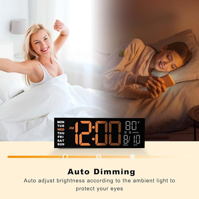JALL 16" Large Digital Wall Mount Clock, Count Down Timer, Alarm, Big LED, RGB Color, DST, Temperature for Living Room Classroom Desk, Xmas, Birthday Gift for Senior Mom Dad (Orange White, 16 inches)