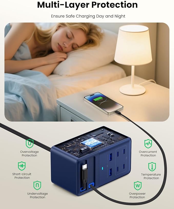 USB C Charger 275W Charging Station with Retractable Dual Cables,Upgraded 8-in-1 GaN IV Fast Charging Hub Block+PD QC PPS 65W Laptop Adapter for MacBook Pro/Air,iPad,iPhone 17/Pro,Galaxy S24,Dell-Navy