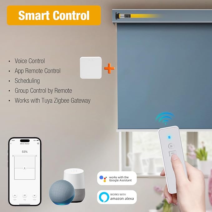 AM25 Zigbee Smart Blinds Motor for 1.5" Shade Tube, Type-C Rechargeable Window Shade Motor, 10 lbs Load Capacity, DIY Motorized Zebra/Roman/Roller Blinds, Compatible with Alexa & Google Home