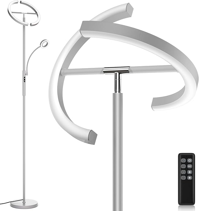 SIBRILLE 2-in-1 Dimmable Floor Lamp with Reading Light - Rotatable Standing Lamp with Remote&Touch Control, Stepless Color Brightness Adustable, Modern Lamp for Living Room Bedroom Office, Silver